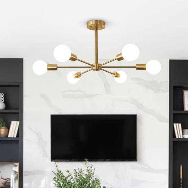 Mid Century Modern Branching 6 Light Semi Flush Mount Dimmable in Brass Bedroom Dinning Room