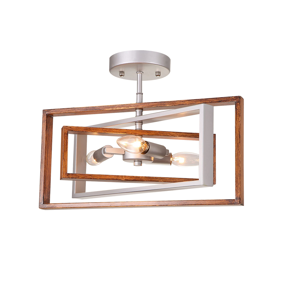 3-Light Modern Farmhouse Rotatable Rectangle Semi Flush Mount Ceiling Light in Silver+Rustic Gold for Kitchen Island /Hallway