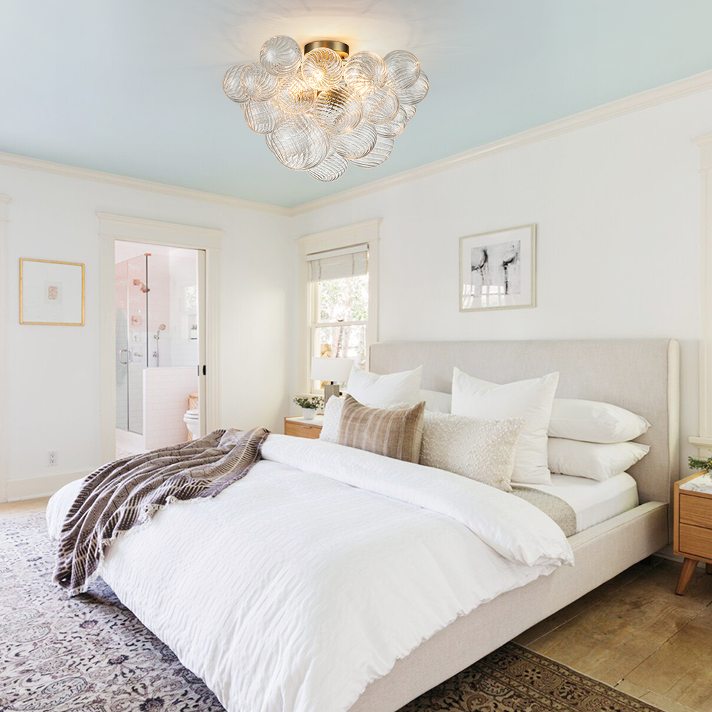 Glam Modern Cluster Glass Bubble Semi Flush Mount Sputnik Ceiling Chandelier for Bedroom Dining Room Living Room