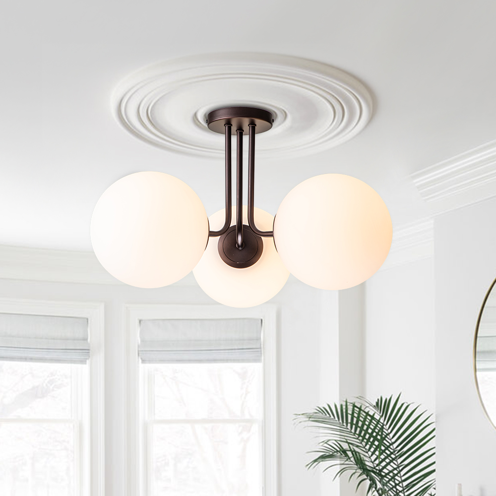 3-Light Modern Mid-Century Oil-rubbed Bronze Sputnik Semi Flush Mount with Frosted Opal Glass Globe for Dining Room/ Kitchen/ Living Room