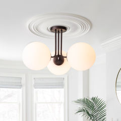 3-Light Modern Mid-Century Oil-rubbed Bronze Sputnik Semi Flush Mount with Frosted Opal Glass Globe for Dining Room/ Kitchen/ Living Room