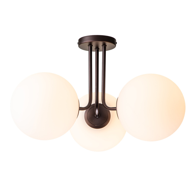 3-Light Modern Mid-Century Oil-rubbed Bronze Sputnik Semi Flush Mount with Frosted Opal Glass Globe for Dining Room/ Kitchen/ Living Room