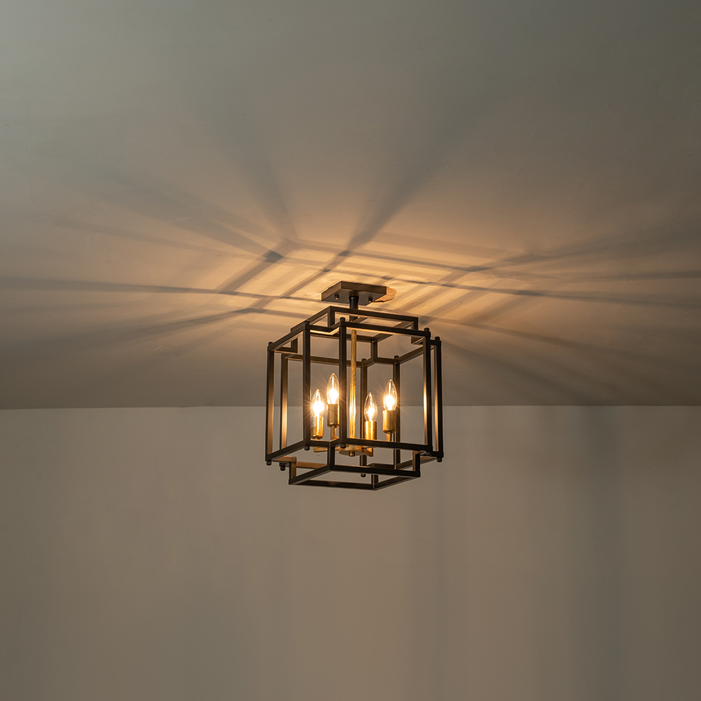 4-Light Modern Farmhouse Sector Cage Frame Semi Flush Mount Ceiling Light in Black Finish for Kitchen Island / Bedroom /Hallway
