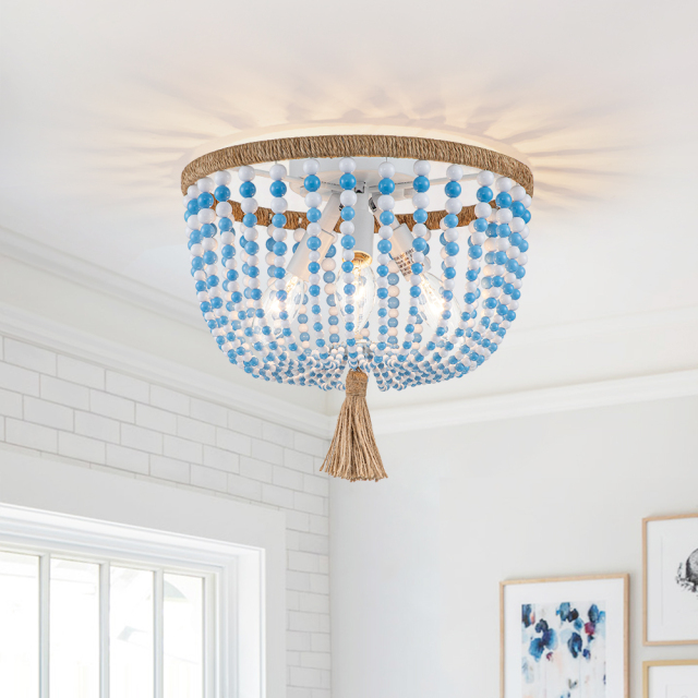 Modern Coastal Beaded Flush Mount Ceiling Light in a Rope Knot Design of Pink/Blue Beads for Entryway, Bedroom, Kitchen, Living Room