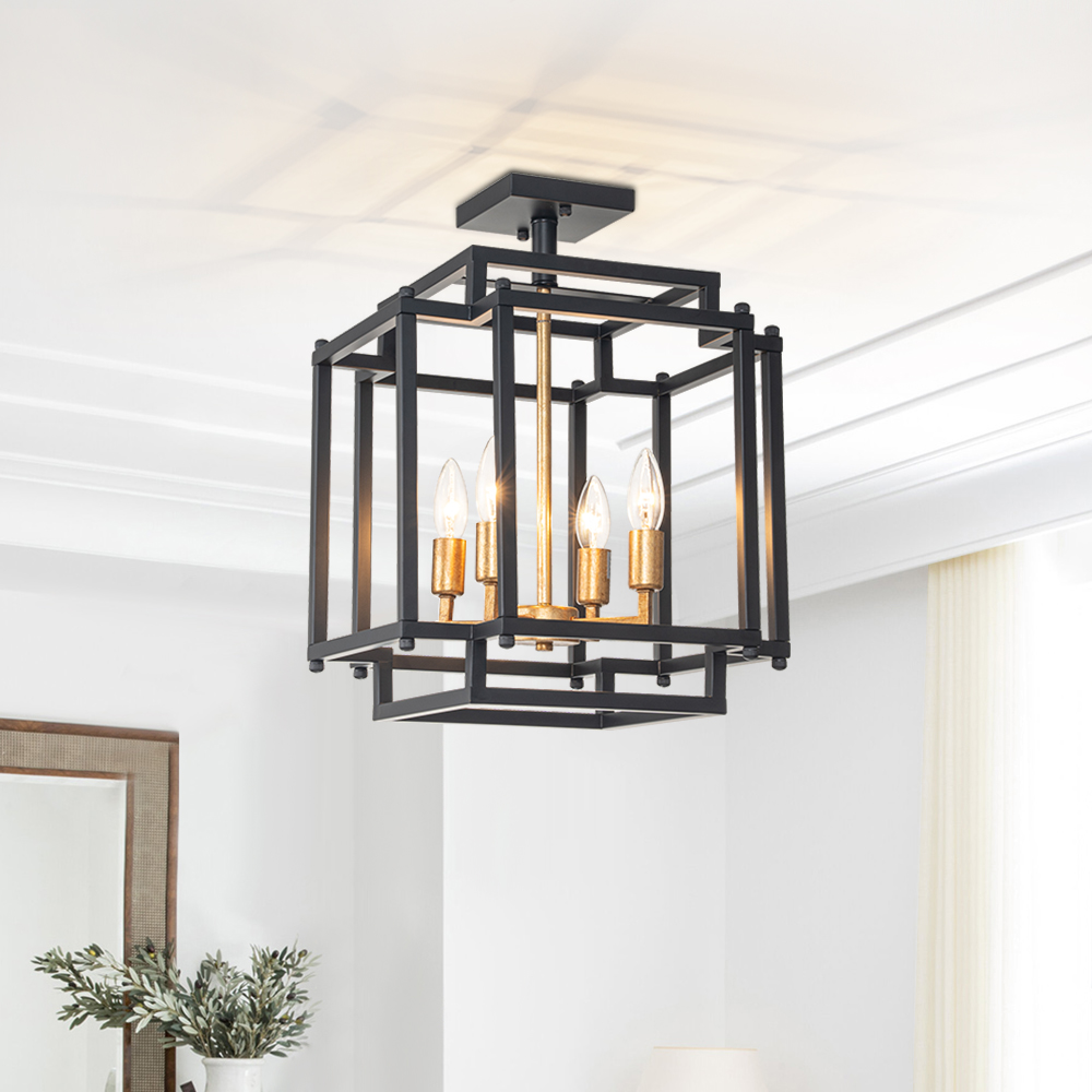 4-Light Modern Farmhouse Sector Cage Frame Semi Flush Mount Ceiling Light in Black Finish for Kitchen Island / Bedroom /Hallway