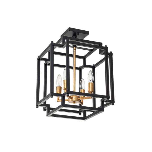 4-Light Modern Farmhouse Sector Cage Frame Semi Flush Mount Ceiling Light in Black Finish for Kitchen Island / Bedroom /Hallway