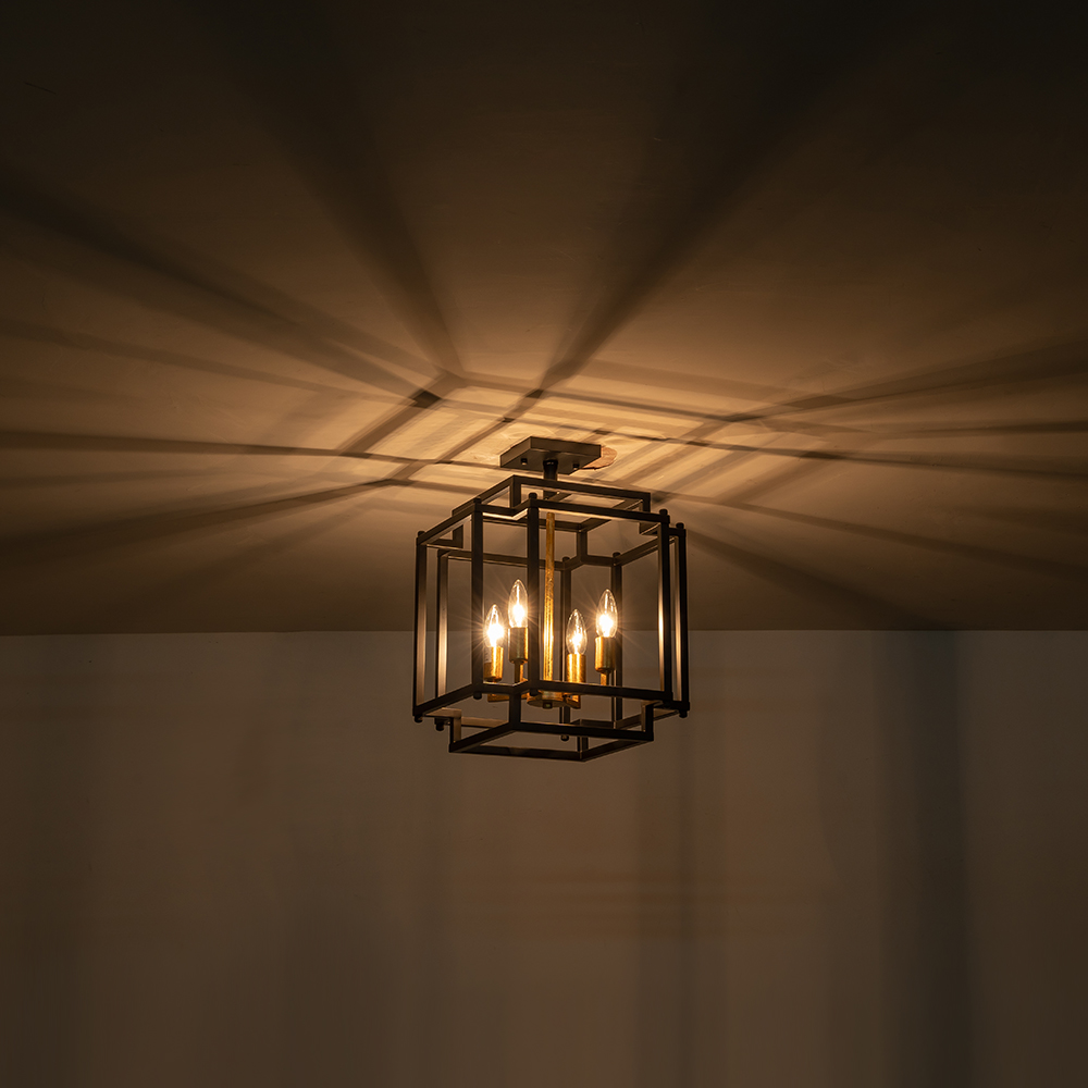 4-Light Modern Farmhouse Sector Cage Frame Semi Flush Mount Ceiling Light in Black Finish for Kitchen Island / Bedroom /Hallway