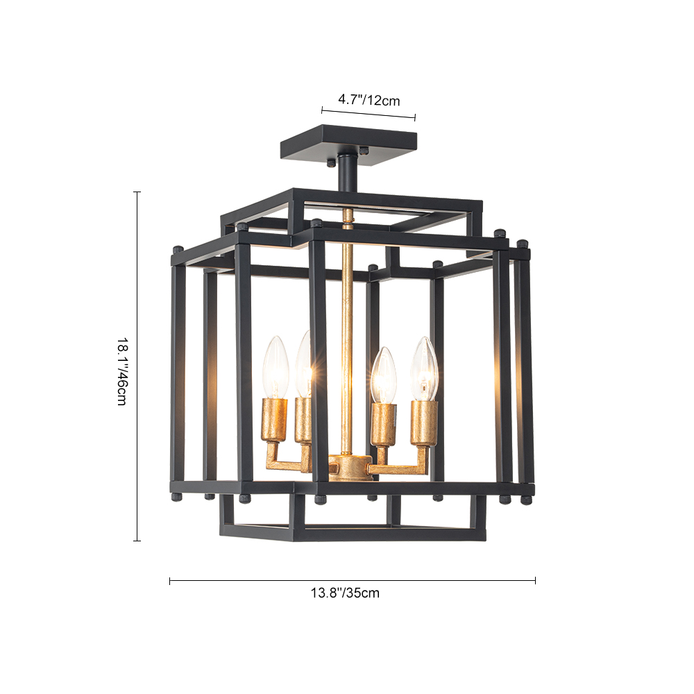 4-Light Modern Farmhouse Sector Cage Frame Semi Flush Mount Ceiling Light in Black Finish for Kitchen Island / Bedroom /Hallway