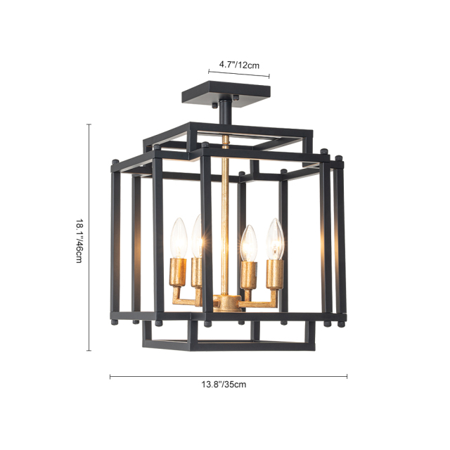 4-Light Modern Farmhouse Sector Cage Frame Semi Flush Mount Ceiling Light in Black Finish for Kitchen Island / Bedroom /Hallway