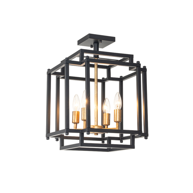 4-Light Modern Farmhouse Sector Cage Frame Semi Flush Mount Ceiling Light in Black Finish for Kitchen Island / Bedroom /Hallway