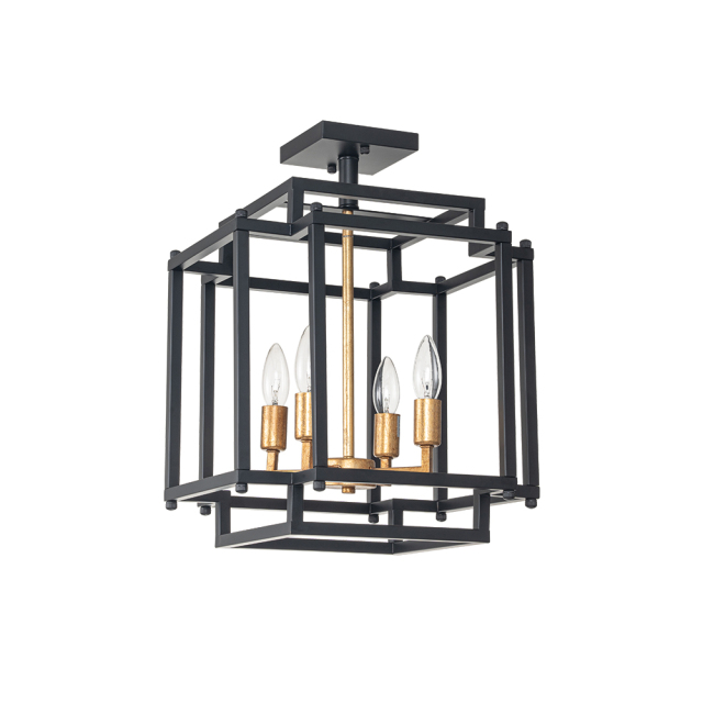 4-Light Modern Farmhouse Sector Cage Frame Semi Flush Mount Ceiling Light in Black Finish for Kitchen Island / Bedroom /Hallway