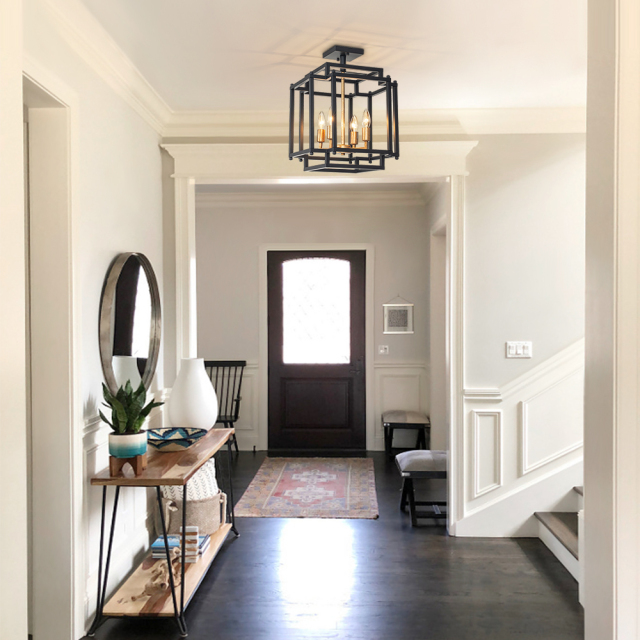 4-Light Modern Farmhouse Sector Cage Frame Semi Flush Mount Ceiling Light in Black Finish for Kitchen Island / Bedroom /Hallway