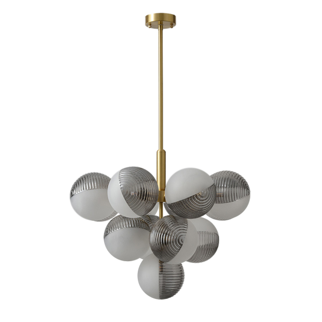 Luxury Modern 5/13 Light Brass Bubble Cluster Grape Chandelier in Opal Textured Gray+White Glass Shade for Living /Dining Room