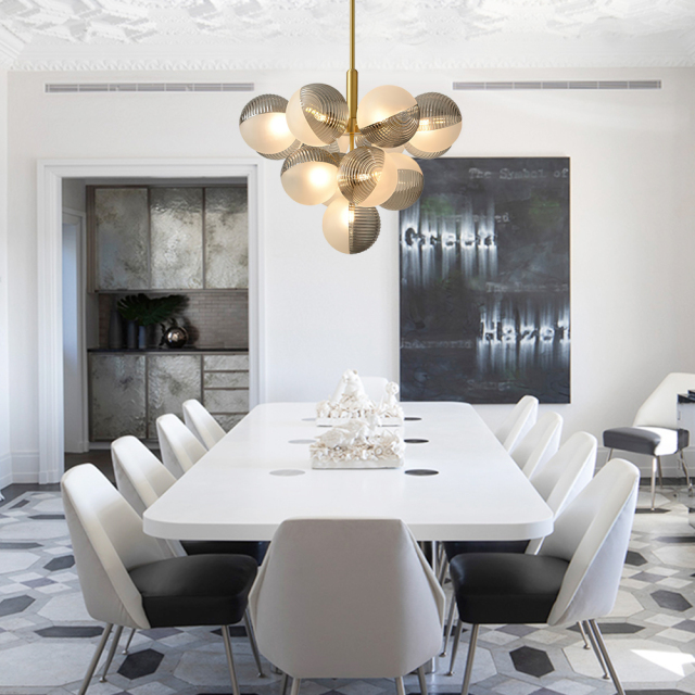 Luxury Modern 5/13 Light Brass Bubble Cluster Grape Chandelier in Opal Textured Gray+White Glass Shade for Living /Dining Room