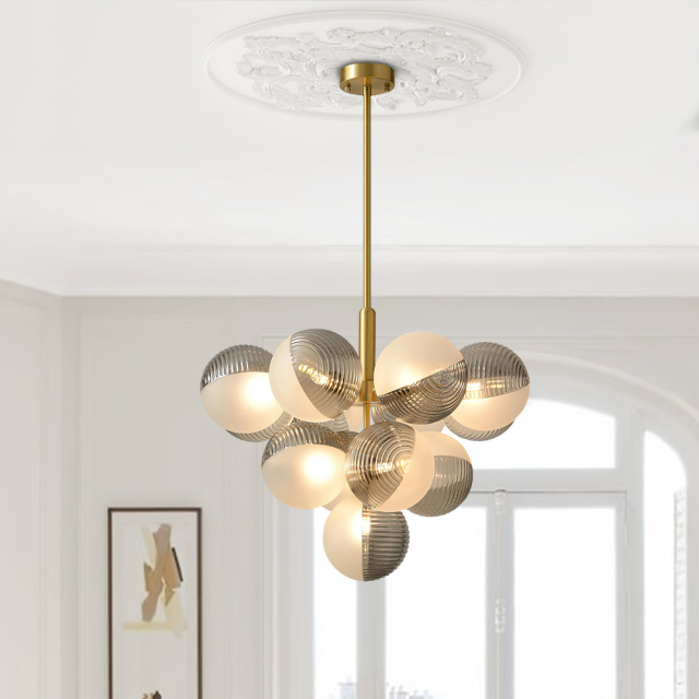 Luxury Modern 5/13 Light Brass Bubble Cluster Grape Chandelier in Opal Textured Gray+White Glass Shade for Living /Dining Room