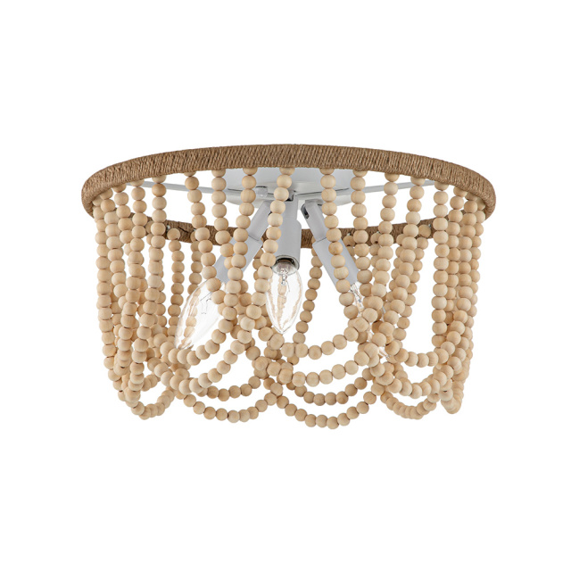 Coastal Modern Beaded Flush Mount Ceiling Light in an Antique White/ Wood Finish Design for Entryway, Bedroom, Kitchen, Living Room