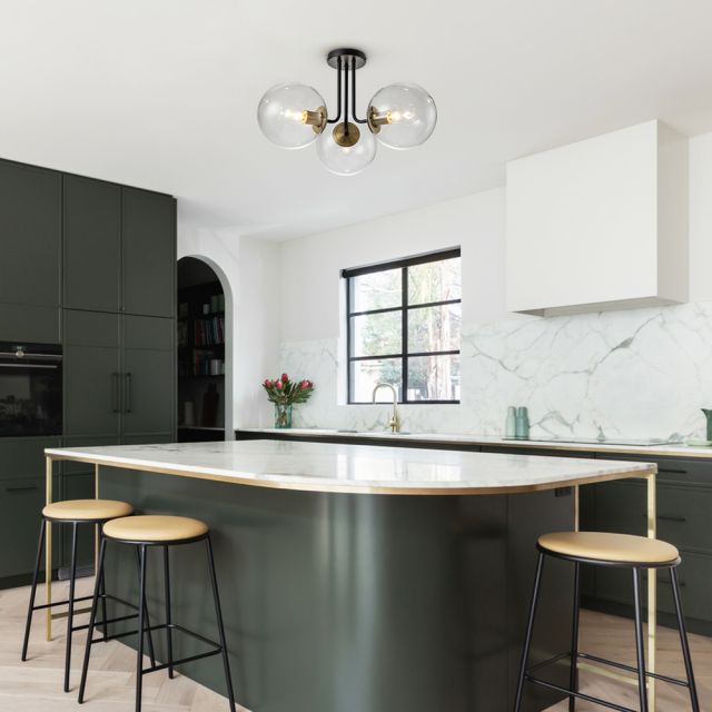 3-Light Modern Mid-Century Black Brass Sputnik Semi Flush Mount with Clear Glass Globe for Dining Room/ Kitchen/ Living Room