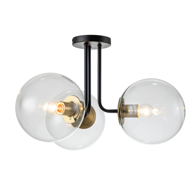 3-Light Modern Mid-Century Black Brass Sputnik Semi Flush Mount with Clear Glass Globe for Dining Room/ Kitchen/ Living Room