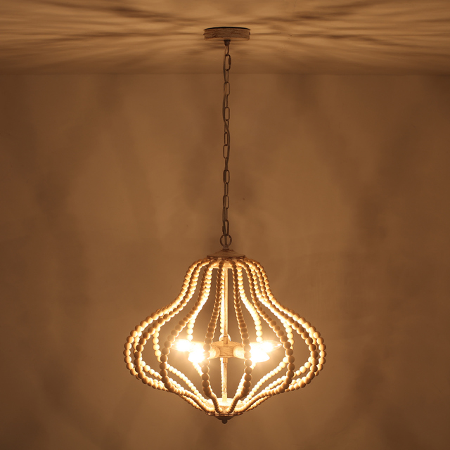 Boho 5-Light Modern Farmhouse Wood Beaded Antiqued Finish Lantern Pendant Lighting for Dining Room/ Living Room/ Bedroom