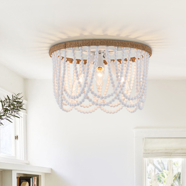 Coastal Modern Beaded Flush Mount Ceiling Light in an Antique White/ Wood Finish Design for Entryway, Bedroom, Kitchen, Living Room