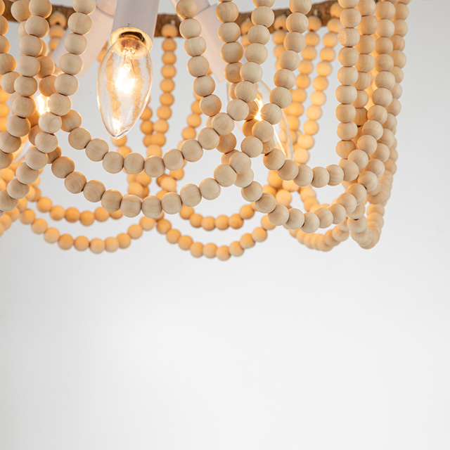 Coastal Modern Beaded Flush Mount Ceiling Light in an Antique White/ Wood Finish Design for Entryway, Bedroom, Kitchen, Living Room