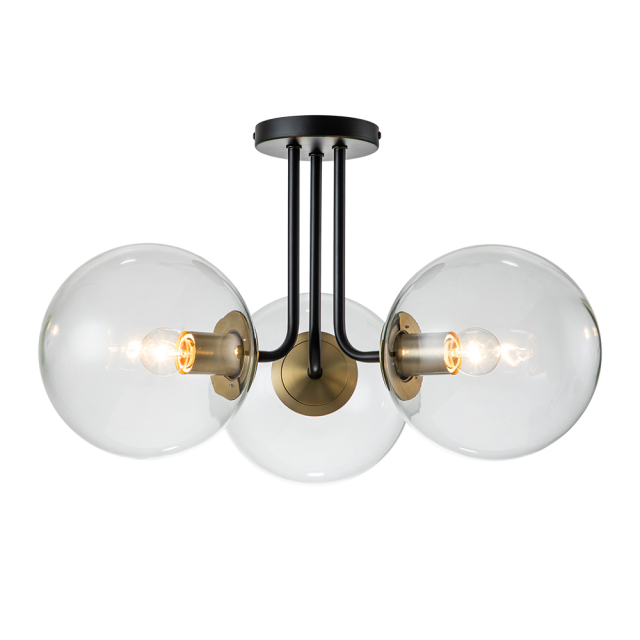 3-Light Modern Mid-Century Black Brass Sputnik Semi Flush Mount with Clear Glass Globe for Dining Room/ Kitchen/ Living Room