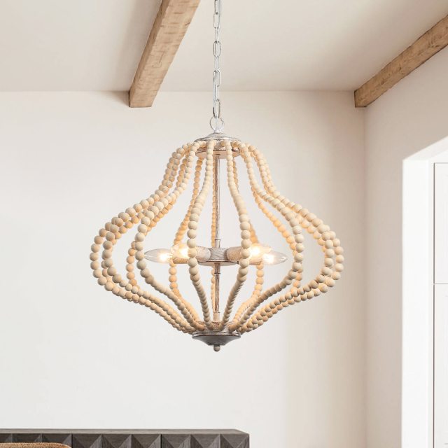 Boho 5-Light Modern Farmhouse Wood Beaded Antiqued Finish Lantern Pendant Lighting for Dining Room/ Living Room/ Bedroom