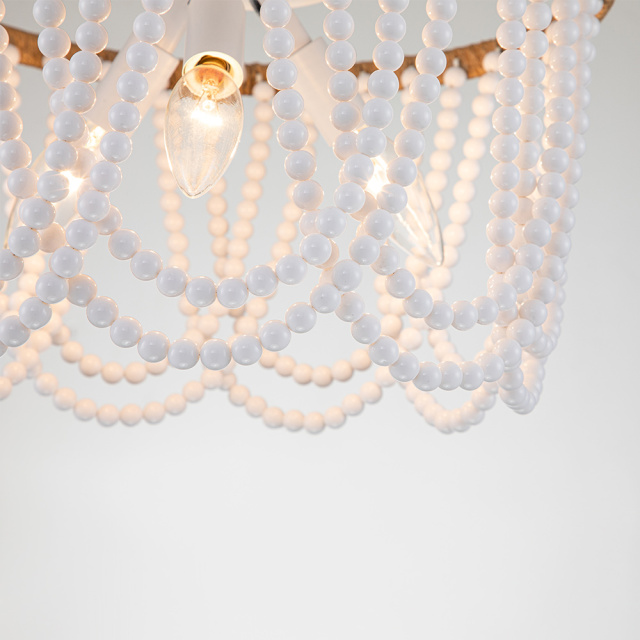 Coastal Modern Beaded Flush Mount Ceiling Light in an Antique White/ Wood Finish Design for Entryway, Bedroom, Kitchen, Living Room