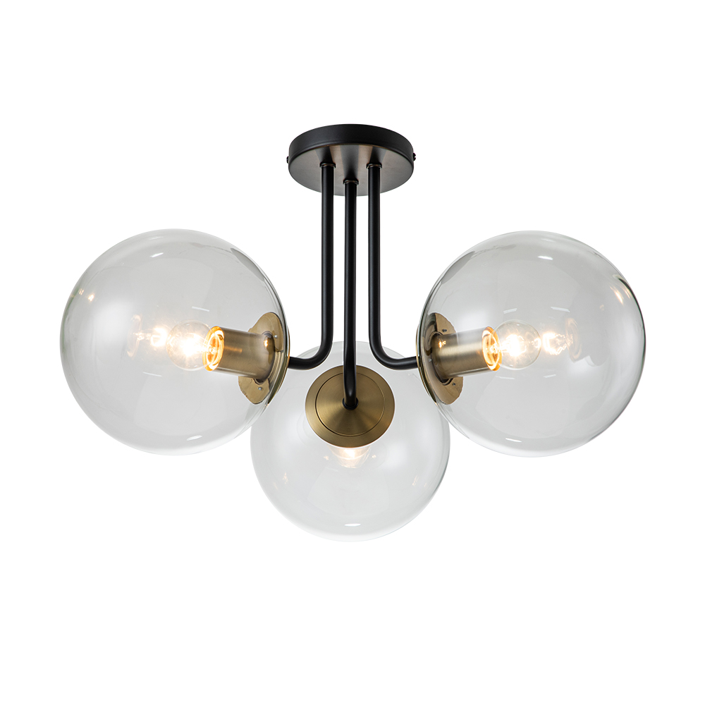 3-Light Modern Mid-Century Black Brass Sputnik Semi Flush Mount with Clear Glass Globe for Dining Room/ Kitchen/ Living Room