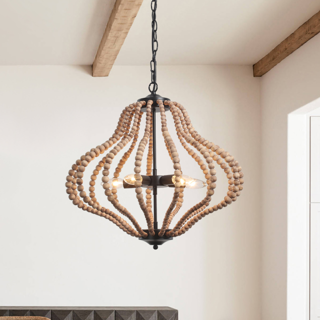 Boho 5-Light Modern Farmhouse Wood Beaded Antiqued Finish Lantern Pendant Lighting for Dining Room/ Living Room/ Bedroom