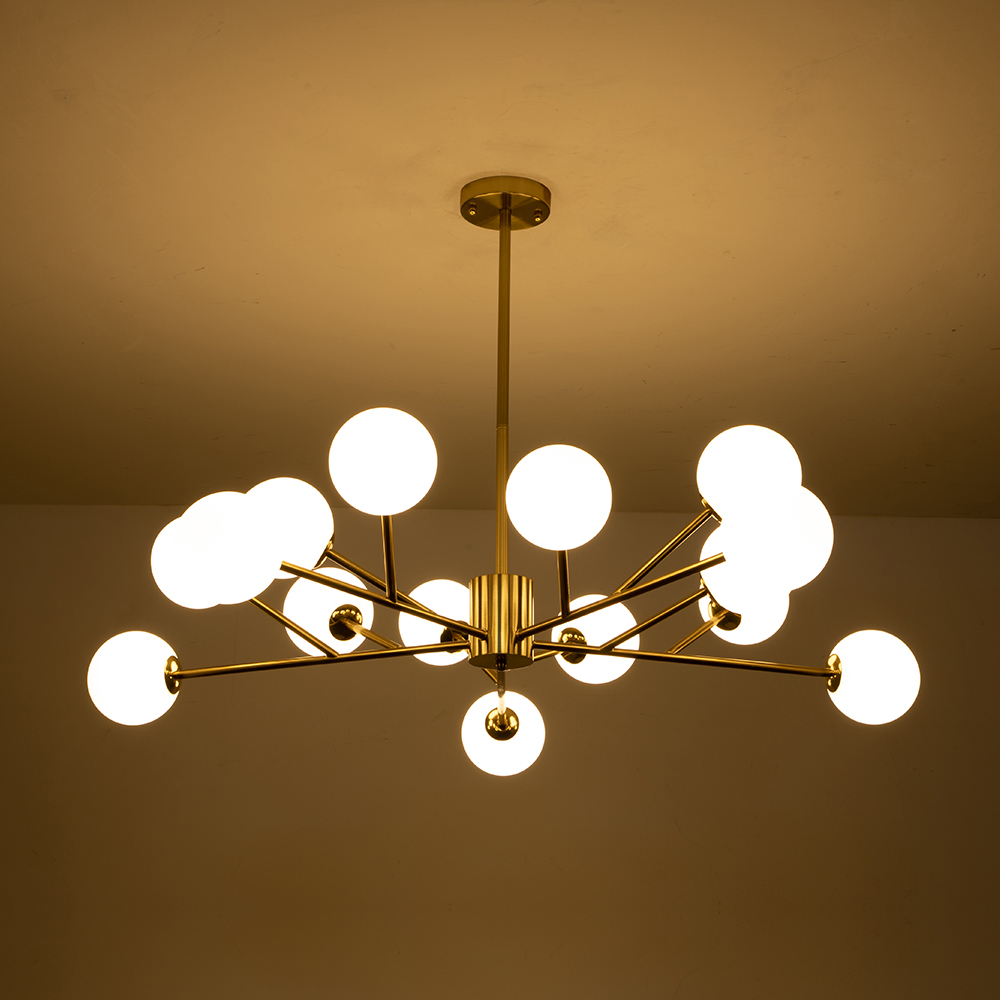 15-Light Glam Modern Sputnik Silhouette Branch Opal Globes Bubble Chandelier for Living Room/ Dining Room/ Kitchen