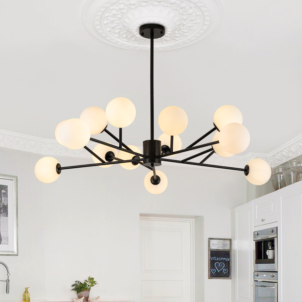 15-Light Glam Modern Sputnik Silhouette Branch Opal Globes Bubble Chandelier for Living Room/ Dining Room/ Kitchen