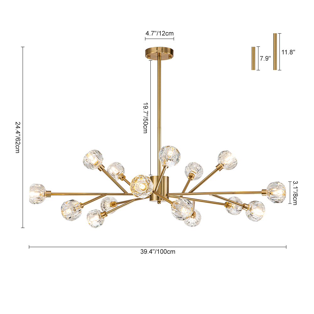 Luxury Glam Modern Branching Sputnik Crystal Chandelier in Brass Finish for Living Room/ Dining Room/ Kitchen
