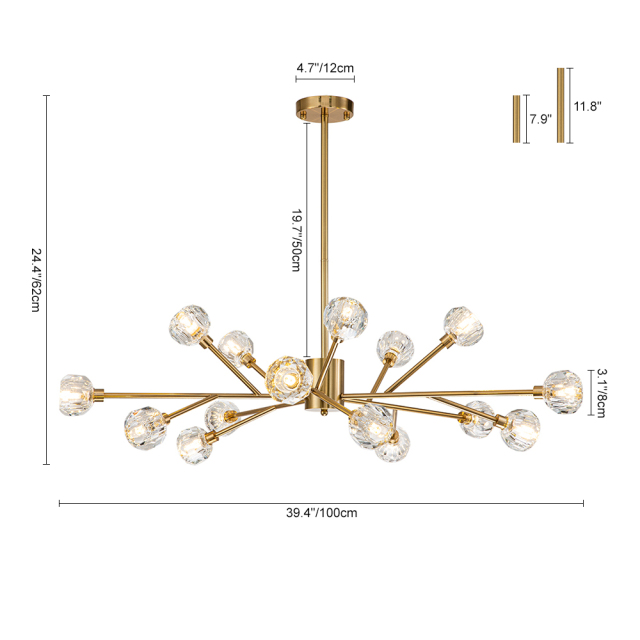 Luxury Glam Modern Branching Sputnik Crystal Chandelier in Brass Finish for Living Room/ Dining Room/ Kitchen