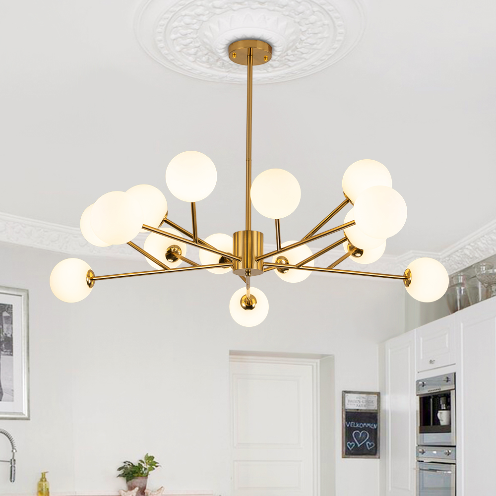 15-Light Glam Modern Sputnik Silhouette Branch Opal Globes Bubble Chandelier for Living Room/ Dining Room/ Kitchen