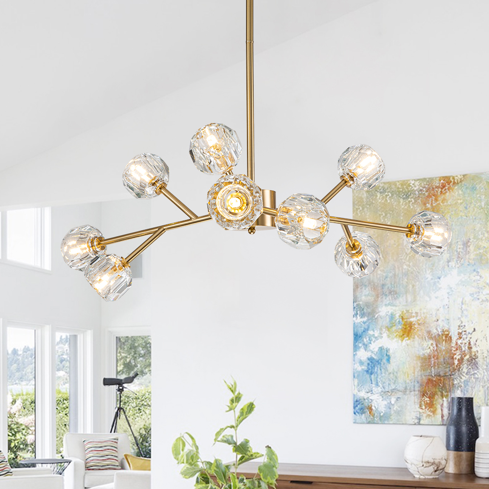 Luxury Glam Modern Branching Sputnik Crystal Chandelier in Brass Finish for Living Room/ Dining Room/ Kitchen