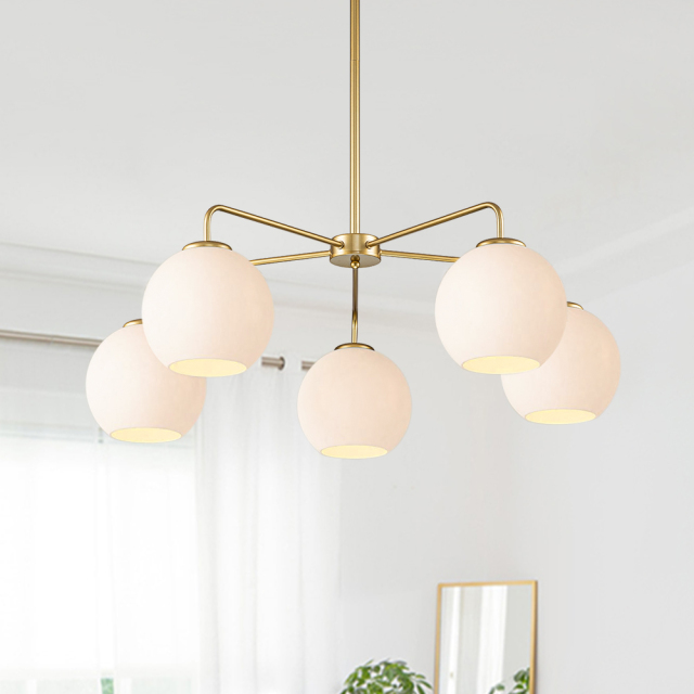 5-Light Glam Modern Sputnik Silhouette Milky Glass Globes Bubble Chandelier for Living Room/ Dining Room/ Kitchen