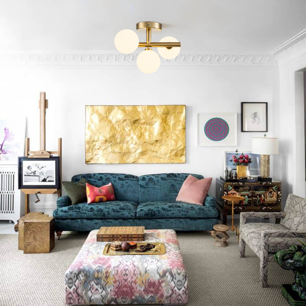 Designer Modern 3-Light Brass/ Black Sputnik Semi Flush Mount with Frosted Opal Glass Globe for Dining Room/ Kitchen/ Living Room