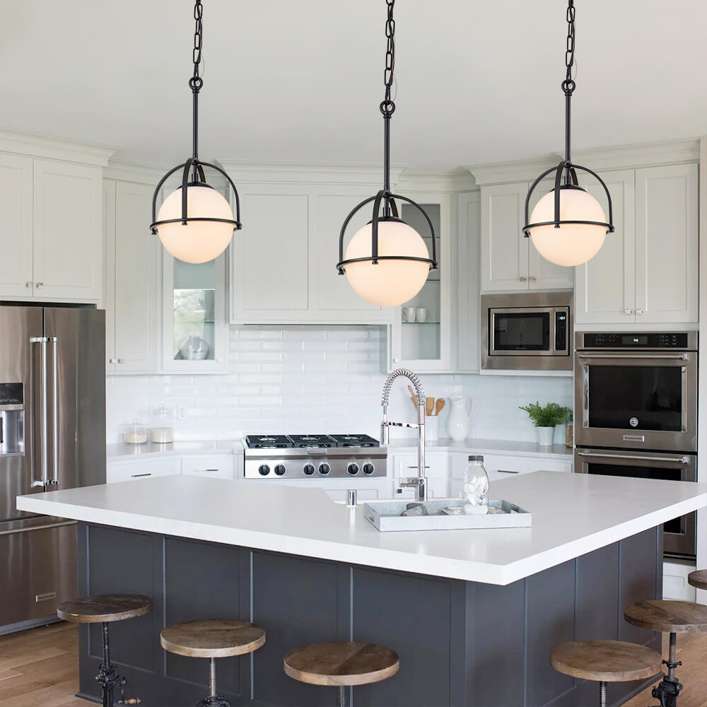 Modern Simple Opal Glass Globe Gold Kitchen Island Pendant Lighting in Airy Frame Design