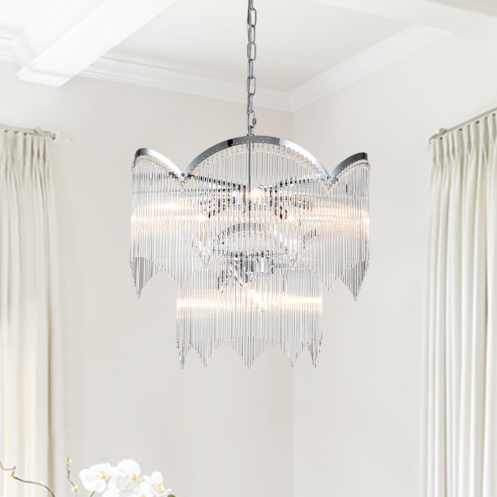 Glam Modern Luxury Crystal Glass Tassel Chandelier Two-Tier Hanging Light for Living Room/Dining Room/ Restaurant