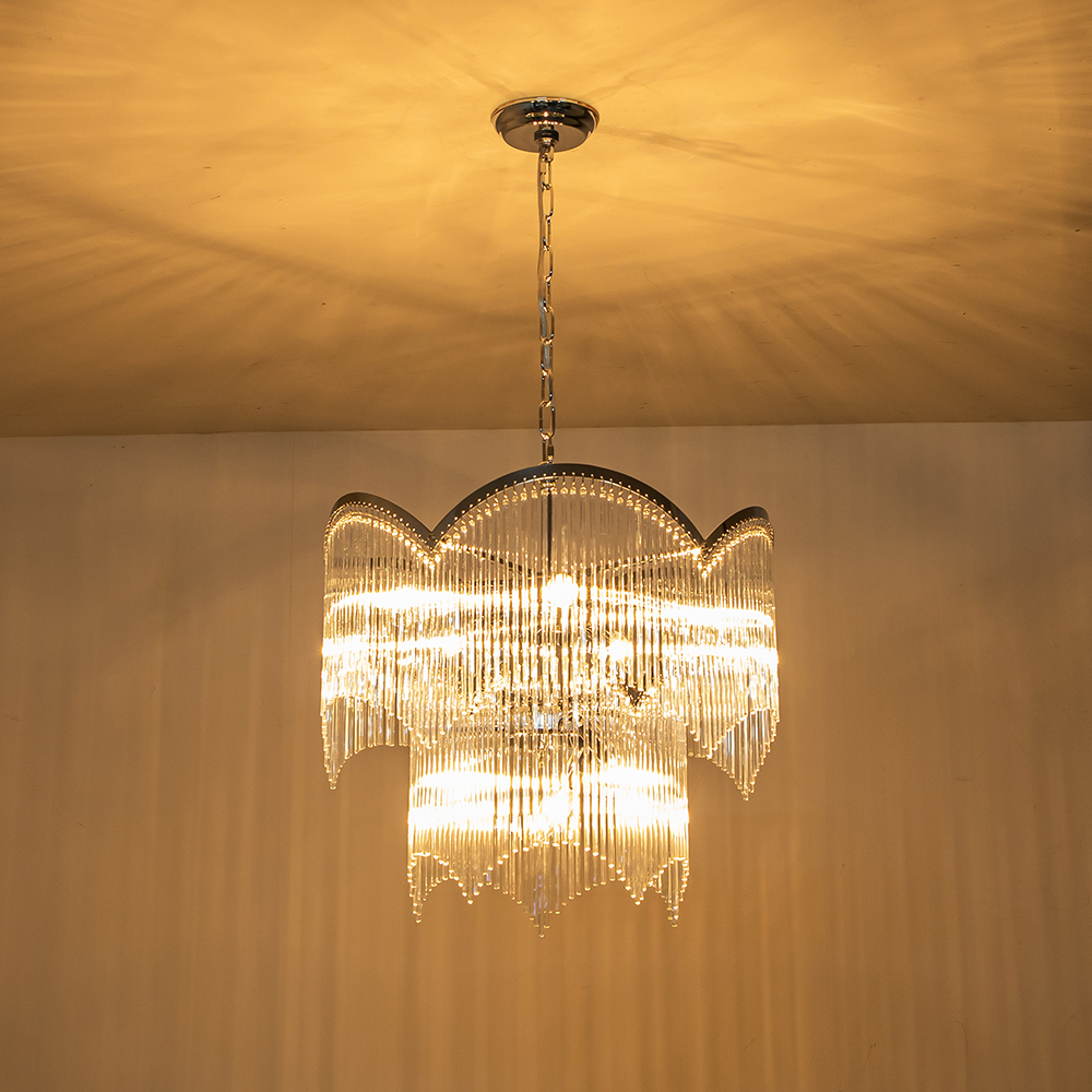 Glam Modern Luxury Crystal Glass Tassel Chandelier Two-Tier Hanging Light for Living Room/Dining Room/ Restaurant