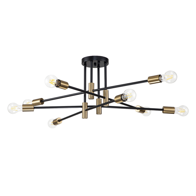 6/8-Light Mid-Century Modern Black Gold Sputnik Silhouette Semi Flush Mount for Dining Room/ Kitchen/ Living Room