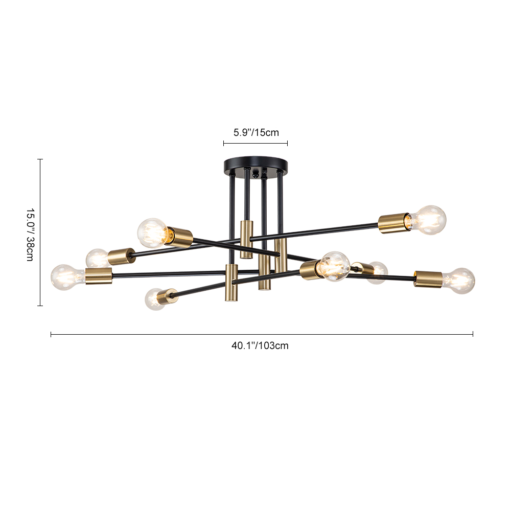 6/8-Light Mid-Century Modern Black Gold Sputnik Silhouette Semi Flush Mount for Dining Room/ Kitchen/ Living Room
