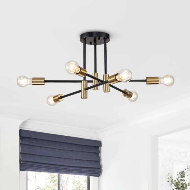 6/8-Light Mid-Century Modern Black Gold Sputnik Silhouette Semi Flush Mount for Dining Room/ Kitchen/ Living Room