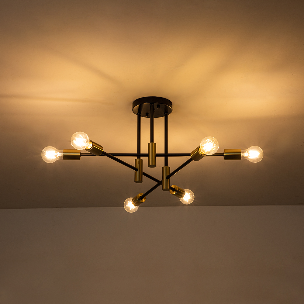 6/8-Light Mid-Century Modern Black Gold Sputnik Silhouette Semi Flush Mount for Dining Room/ Kitchen/ Living Room