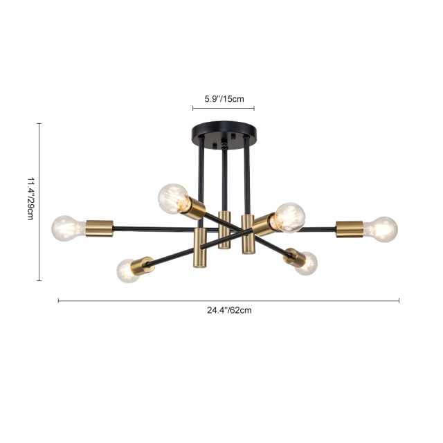 6/8-Light Mid-Century Modern Black Gold Sputnik Silhouette Semi Flush Mount for Dining Room/ Kitchen/ Living Room