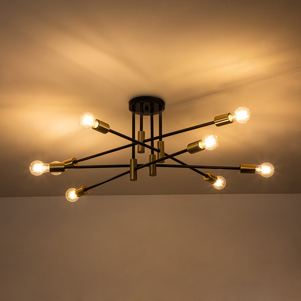 6/8-Light Mid-Century Modern Black Gold Sputnik Silhouette Semi Flush Mount for Dining Room/ Kitchen/ Living Room