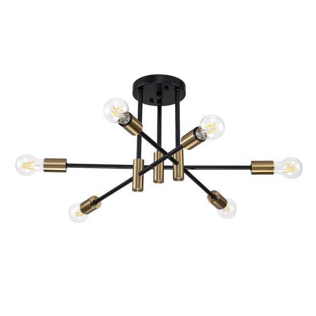 6/8-Light Mid-Century Modern Black Gold Sputnik Silhouette Semi Flush Mount for Dining Room/ Kitchen/ Living Room
