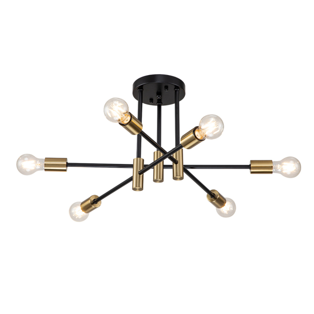 6/8-Light Mid-Century Modern Black Gold Sputnik Silhouette Semi Flush Mount for Dining Room/ Kitchen/ Living Room