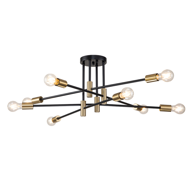 6/8-Light Mid-Century Modern Black Gold Sputnik Silhouette Semi Flush Mount for Dining Room/ Kitchen/ Living Room